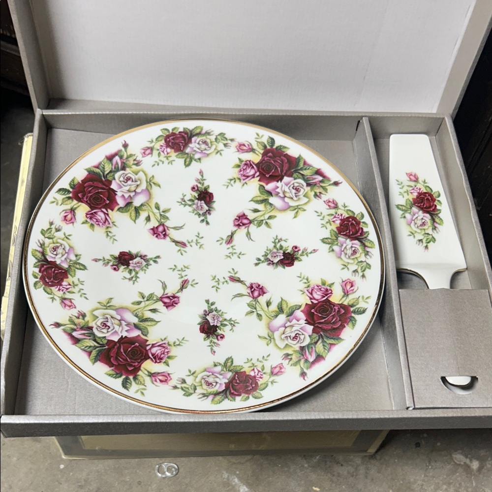 Formalities Baum Bros Fine Bohemian Porcelain Victorian Rose Cake Plate + Server